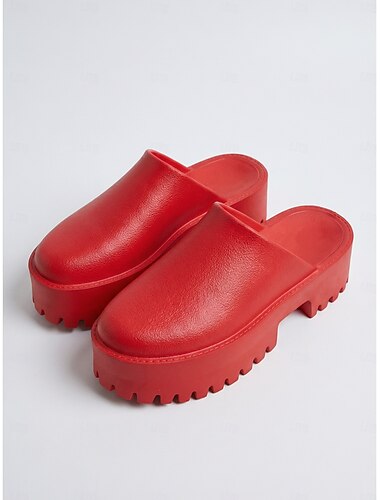  Damskie, jaskrawoczerwone klapki na platformie - wygodne, grube chodaki z okrągłymi, zamkniętymi noskami &podeszwa z bieżnikiem do codziennego noszenia na co dzień, w modzie ulicznej &odważne miejskie