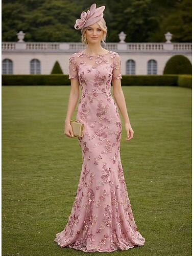  בתולת ים  חצוצרה עד הריצפה שמלות ערב לבוש רשמי אלגנטית וינטאג' פרחוני שרוולים קצרים צווארון עגול קצר חתונה רשמי תחרה עם פרח רקום ריקמה אפליקציות