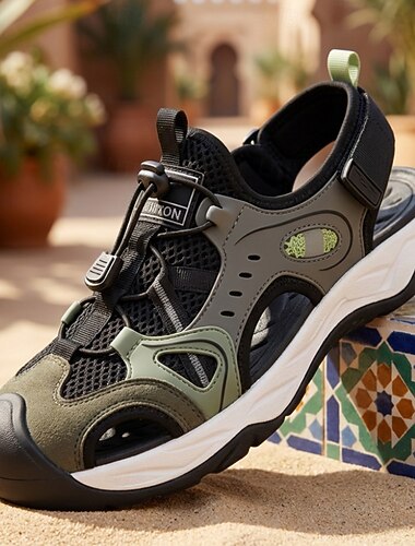 Olijfgroene, gesloten sportsandalen voor heren, ademende outdoorschoenen, verstelbare comfortabele zomerschoenen voor eilandvakanties, cruises, resortreizen, kustvakanties en avonturen in warm weer.