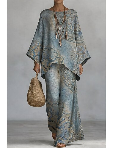  Dam Byxuppsättningar Bolero 3/4 ärm Rund hals Blommig Grafisk Mönster Mode Streetwear Ledigt Dagligen Utomhus Blå Sommar Lös passning