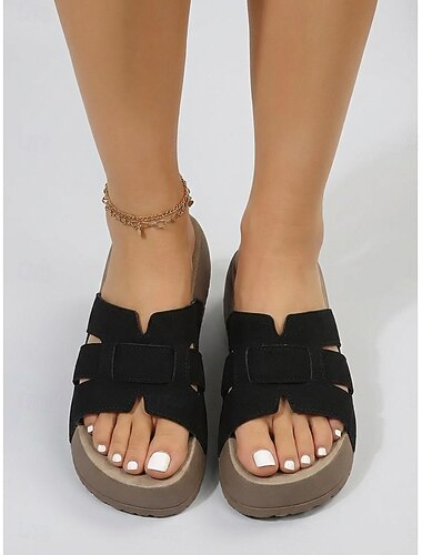  Sandales compensées confortables en daim noir pour femmes - larges brides ajourées idéales pour les vacances à la plage et les séjours en plein air &voyage d'été