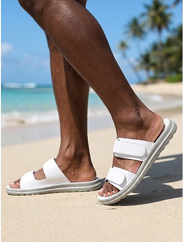  menns hvite slip-on sandaler med dobbel reim i kunstskinn, lette strandsko, feriesko og hverdagssko