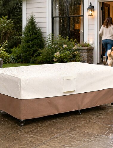  כיסוי ריהוט גן עמיד למים, בד אוקספורד 420d, פוליאוריטן מצופה כסף, מלבני עמיד למים לשולחן וכיסא, חום ובז'