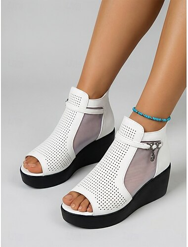  Keilsandalen für Damen – atmungsaktive Knöchelsandalen mit Mesh-Einsätzen, bequeme Plateau-Schuhe für Reisen und Garten &Alltagskleidung