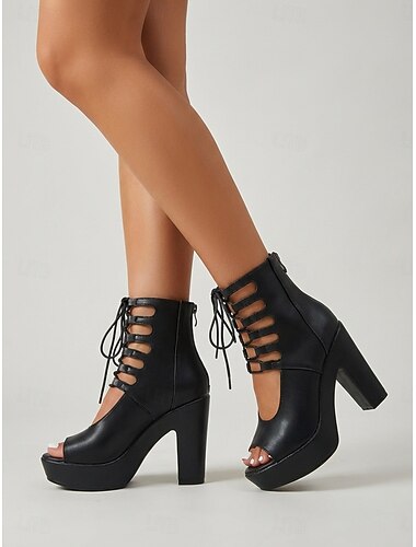  صندل نسائي أسود برباط ومنصة، مستوحى من موسيقى البانك روك - حذاء بكعب عالٍ مفتوح من الأمام بتصميم مثير، مثالي للمهرجانات الموسيقية الخارجية، وحفلات الصيف الصاخبة، وأزياء الستيمبانك.