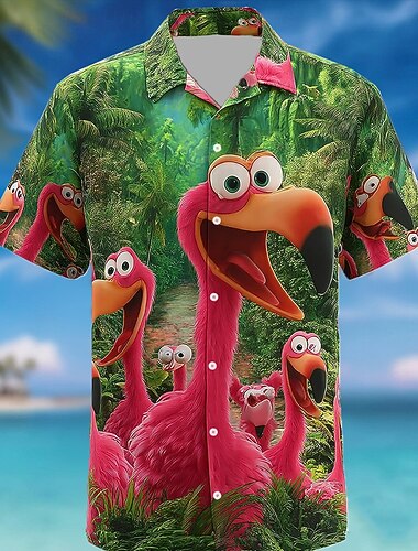  Homme Flamant rose Oiseau "Forêt tropicale " Chemise Chemise à col cubain Chemise hawaïenne Manche Courte Hawaïen Resort Vacances Fête Tenue de plage Été Printemps Chemise à col camp Impression 3D
