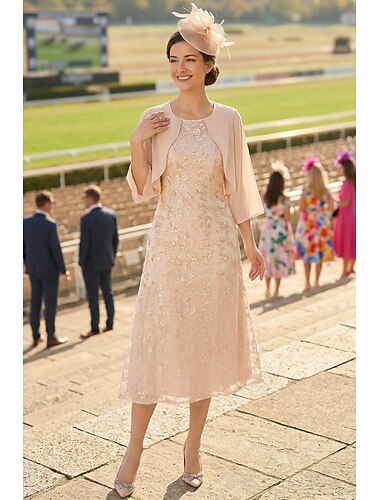  Vestido de fiesta A-line hasta el tobillo vestido de cóctel vestido de invitada de boda vestido de madre de la novia manga 3/4 escote redondo elegante formal encaje con encaje