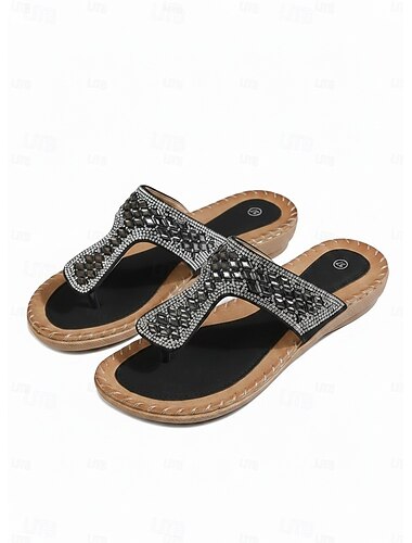  סנדלים שטוחים שחורים לנשים עם ריינסטון - כפכפים קיץ נוצצים וקז'ואליים לחופשות, ימי חוף, בגדי נופש וטיולי ערב