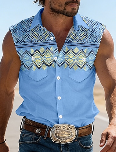  男性用 幾何学模様 エスニック ウエスタンシャツ カウボーイシャツ ノースリーブシャツ ノースリーブ 洋式 アウトドア ワーク カジュアル 夏 春 折襟 3Dプリント ワークシャツ ブルー ピンク カーキ色