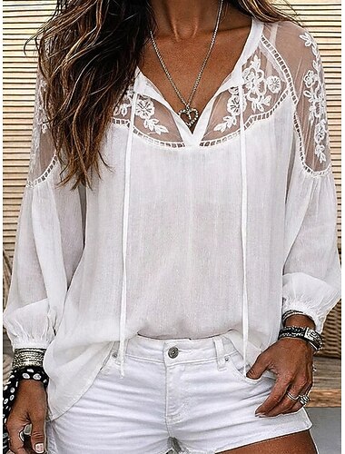  Damskie Koszula Bluzka Bluzki koronkowe Z marszczeniami Koronka Równina Elegancki Nowoczesny Rękaw 3/4 W serek Zwykłe topy Codzienny Święto lato Czarny Biały Lato Wiosna