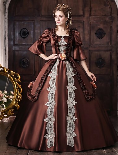  Rococo Barok Baljurk  Tot de grond Jurken Baljurk  Korte mouwen Prinses Bruids Kant Bloemig Baljurk Vierkante hals Kostuum Dames Koninklijk Halloween Carnaval Maskerade Schoolfeest Teaparty Feesten