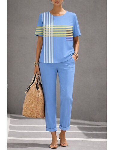  Dame Linsett i bomull Kortermet Rund hals Grafisk Geometrisk Elegant Bohem Aktiv Avslappet Daglig Blå Rosa Kakifarget Vår sommer Normal