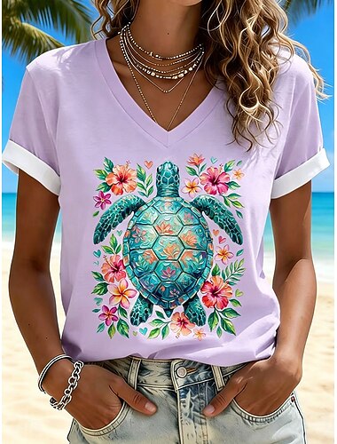  Femmes T-shirt Imprimé Graphique Tortue de mer ancien Élégant Classique Manche Courte Col en V Hauts Réguliers Occasionnel Quotidien Sortir Bleu Blanche Rose Claire Violet Kaki Été Printemps
