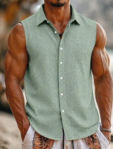  Homme Chemise Chemise en lin Chemise d'été Tenue de plage Chemise Boutonnée T-shirt sans manches Couleur Unie Vacances Rue Bleu Noir Blanche bleu marine Sans manches Col Rabattu Été Printemps