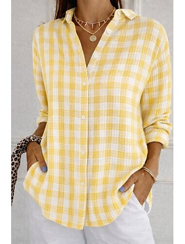  בגדי ריקוד נשים חולצה חולצת וופל חולצה קז'ואל כפתורים גראפי גיאומטרי וינטאג' מסוגנן שרוול ארוך חולצות רגילות יומי בָּחוּץ לבוש רחוב ירוק דשא צהוב כתום קיץ אביב סתיו חורף