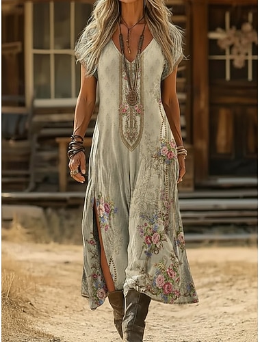  Damen Maxikleid Boho-Kleid Freizeitkleid A Linie Kleid Druckkleid Vintage Outdoor Urlaub Wochenende Normale Passform Blumen Grafik Kurzarm V Ausschnitt Blau Dunkelgrün Violett Grün Sommer Frühling