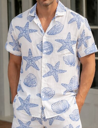  Herre Sjøstjerne Conch Sjøskapninger Skjorte Hawaiiskjorter Skjorte med knapper Kortermet Hawaiisk utendørs Strandferie Sommer Vår Aftæpning 3D-utskrift Lin som skjorte Blå Gul Grønn