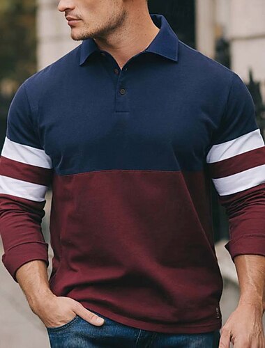  Miesten Raidoitettu Rugby Polo Pitkähihainen Poolopaidat Kauluspaidat Urheiluasut Vapaa-aika ulko- Koulu Urheilu- ja treenivaatteet 3D-tulostus Napit Kevät Syksy Sininen Purppura Ruskea