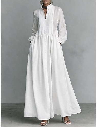  Damen Maxikleid Hemdblusenkleid Weißes Kleid Abschlusskleid Elegant Mode Modern Outdoor Urlaub Ausgehen Normale Passform Einfach Langarm Hoher Ausschnitt Blau Schwarz Weiß Rosa Sommer Frühling