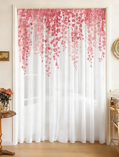  Transparenter Vier-Jahreszeiten-Fenstervorhang für Schlaf- und Wohnzimmer, mit Zweig-, Blätter- und Rankenmuster, eleganter Stangendurchzug, leichte und luftige Wohndekoration