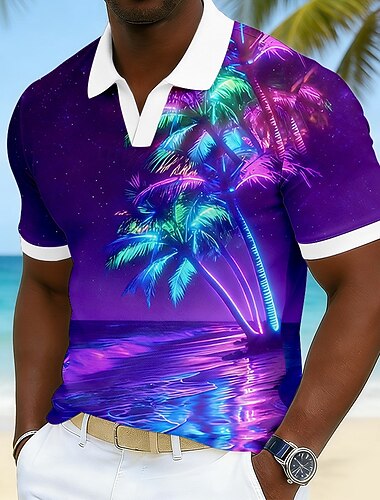  رجالي ظل شجرة النخيل قمصان بولو هاواي كم قصير قمصان البولو V رقبة كاجوال ملجأ ملابس الرياضة مناسب للبس اليومي ملابس العطلة طباعة ثلاثية الأبعاد للربيع والصيف أزرق وردي بلاشيهغ أرجواني