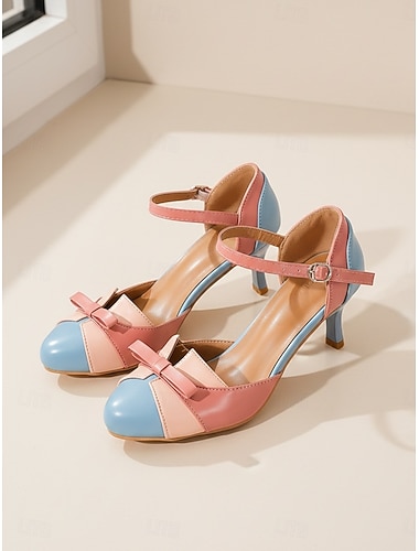  أزرق عتيق للنساء من خمسينيات القرن الماضي &حذاء ماري جين وردي اللون بتصميم كتل الألوان - كعب صغير أنيق مزين بفيونكة لحفلات الشاي ذات الطابع القديم وحفلات الزفاف الصيفية &أزياء كلاسيكية أنيقة