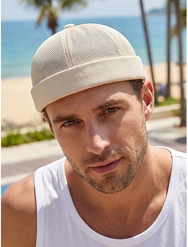  Ademende mesh polyester dockerpet voor heren, verstelbare muts zonder rand in diverse kleuren, geschikt voor dagelijks gebruik, strandvakantie, reizen en zomerse buitenactiviteiten.
