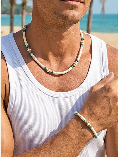  Herre boheme træperlehalskæde og armbåndssæt, naturligt træmateriale, flerfarvet, tilbehør til strandferie og afslappet hverdagsbrug