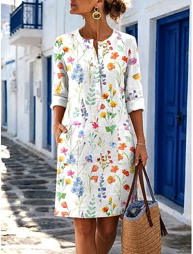  Női Térdig érő ruha hétköznapi ruha Szabadság Szüret Alkalmi Szabadság Normál Virágos Grafika Hosszú ujj V-alakú Medence Bíbor Narancssárga Lóhere Nyár Tavasz