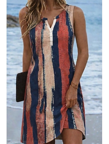  Per donna Mini Abito Vestito T-Shirt Abito Estivo Vacanza Casual Quotidiano Ferie Vestibilità regolare Grafico Geometrico A righe Senza Maniche Scollo a V Blu Rosso Verde Estate