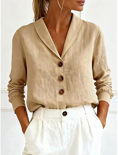  Dame Bluse Skjorte i imitert lin Knapper Helfarge Daglig Stilfull Grunnleggende Langermet Aftæpning Vanlige topper Daglig Blå Hvit Rød Mørkegrønn Grønn Sommer Vår Høst