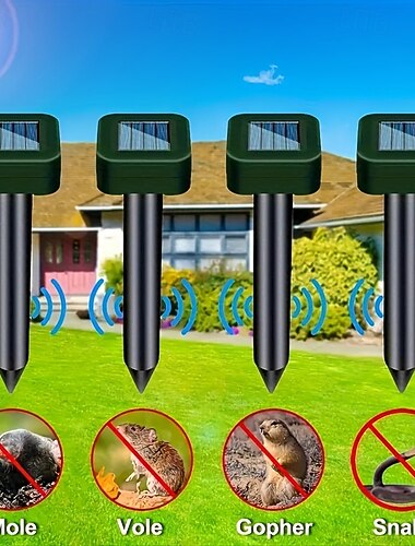  Zonne-energie aangedreven mollenverjager, 4-pack ultrasone woelmuizenverjager, ultrasone spikes voor gazon, tuin en erf, op zonne-energie werkende slangenverjager, waterdichte elektronische