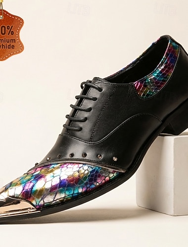  Herresko i svart, flerfarget oxford med snøring, spiss tå og metallkappe til bryllup, banketter, fester, motearrangementer, skoleball og luksuriøs statement-kveldsstil