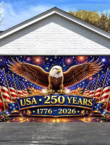  250. výročí USA, 4. července, Den nezávislosti, dekorace na garážová vrata, ohňostroj, vlajka USA, vlastenecké pozadí na garážová vrata, americká vlajka, památník svobody, dekorace na večírek.