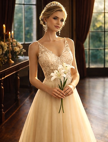  Ligne A Longueur au sol Robes de Bal Éclat & Brillance Dos Nu Sans manches Col en V Bal de promo Formel Tulle Dos en V avec Perlage Appliques