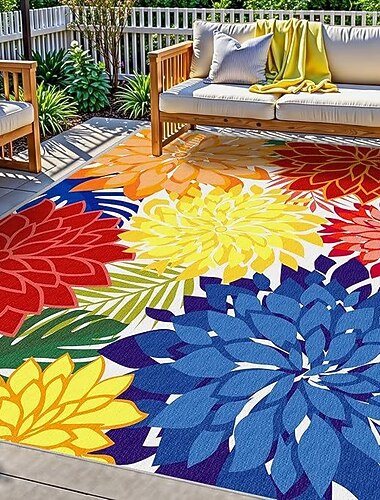  Tappeto da esterno 5x8 piedi, impermeabile, multicolore, per interni, lavabile, per patio esterno, con motivo floreale tropicale, antiscivolo, ideale per soggiorno, piscina, giardino, terrazzo e