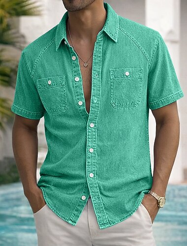  Homme Chemise Chemise Décontractée Chemise Boutonnée Teinture en vêtement Chemise 100% coton délavée à l'acide Noir Vert Claire Violet Vert Abricot Manche Courte Uni Col de chemise Occasionnel