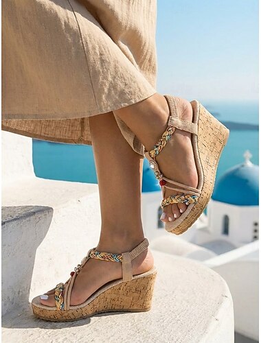  Dames espadrilles met sleehak in abrikooskleur en bohemian stijl - elegante espadrilles met kralen en T-bandjes, afgewerkt met kleurrijke gevlochten details, perfect voor eilandvakanties en