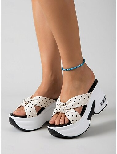  Damessandalen met stippen en strik op het platform – stevige instapschoenen met sleehak, een leuke casual stijl voor buitenactiviteiten, reizen en strandwandelingen.