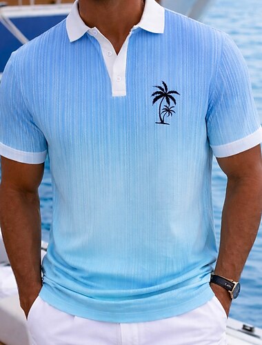  男性用 ヤシの木 ハワイアンポロシャツ 半袖 ポロシャツ 襟付きシャツ カジュアル アスレイジャー デイリーウェア バケーションウェア 3Dプリント ボタン 高通気性メッシュ 春夏 ブルー パープル グリーン