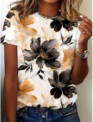  Damen T Shirt Druck Blumen Grafik Pflanzen Bohemien Hawaiianisch Stilvoll Kurzarm Rundhalsausschnitt Normale Oberteile Täglich Blau Gelb Orange Grün Sommer Frühling