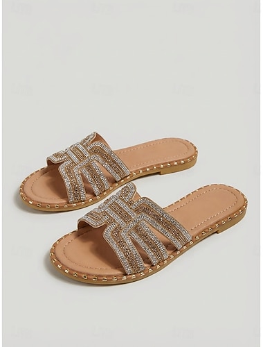  Champagnekleurige dames slippers met strasssteentjes - sprankelende platte slippers met juwelen voor luxe hotelvakanties en avonden aan het strand. &zomer resortkleding