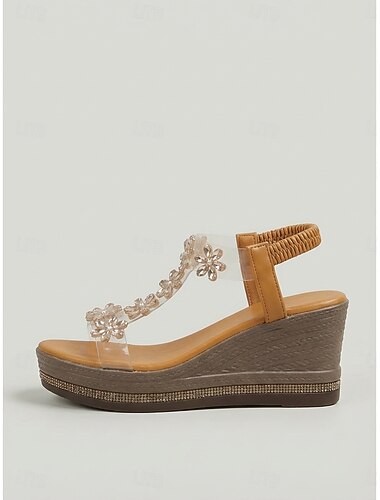  Dames sandalen met transparante bandjes en sleehak, platformhakken met strassbloemmotief voor een diner op vakantie of in een resort. &avondevenementen