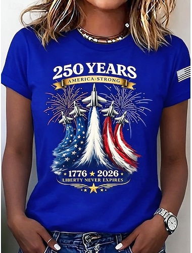  Amerikansk uavhengighetsdag Dame T skjorte Trykt mønster Grafisk Flagg Stilfull Klassisk Fritid Kortermet Crew-hals Vanlige topper Avslappet Daglig Blå Svart Sommer Vår