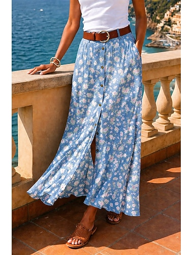  Dam Semesterkjol Ledigt Boho Midi Mellanhög midja Kjolar Blommig Mönster Kluvna toppar Oelastisk Gata Utekväll Himmelsblå Sommar