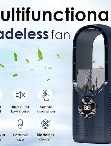  Bordvifte uten blader med dugging, 11,8 tommers bærbar liten stille USB-bordkjølevifte med 6 hastigheter, timer, LED-lys og luftfukter for kontor, hjem og utendørs