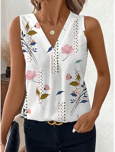  Damskie Bezrękawnik Kwiaty Graficzny Rośliny Elegancja Zabytkowe Elegancki Bez rękawów W serek Zwykłe topy Codzienny Biały Rumiany róż Lato Wiosna