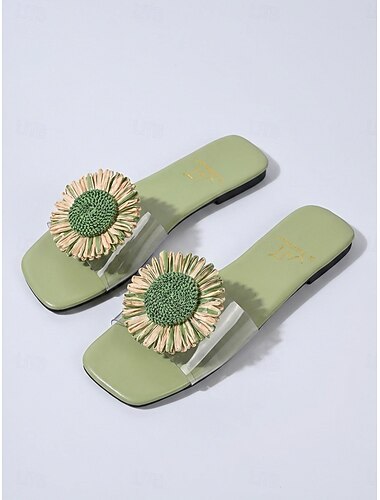  Dames slippers met bloemenprint – transparant bandje met 3D-bloemdetails, lichtgewicht platte slippers voor bij het zwembad, in het resort en tijdens de zomervakantie.