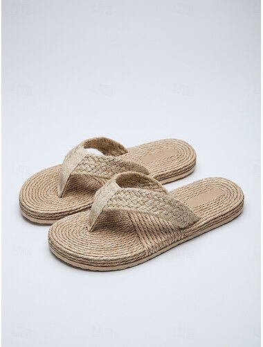  Dames teenslippers van geweven stro - natuurlijke jute sandalen met gevlochten bandjes voor strandvakanties en zomervakanties &casual kleding voor bij het zwembad