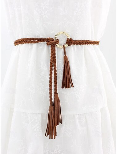  Dames bohemian tailleband van gevlochten imitatieleer met kwastjes, verkrijgbaar in diverse kleuren, perfect voor strandvakanties, resortkleding, casual jurken en alledaagse boho-stijlen.